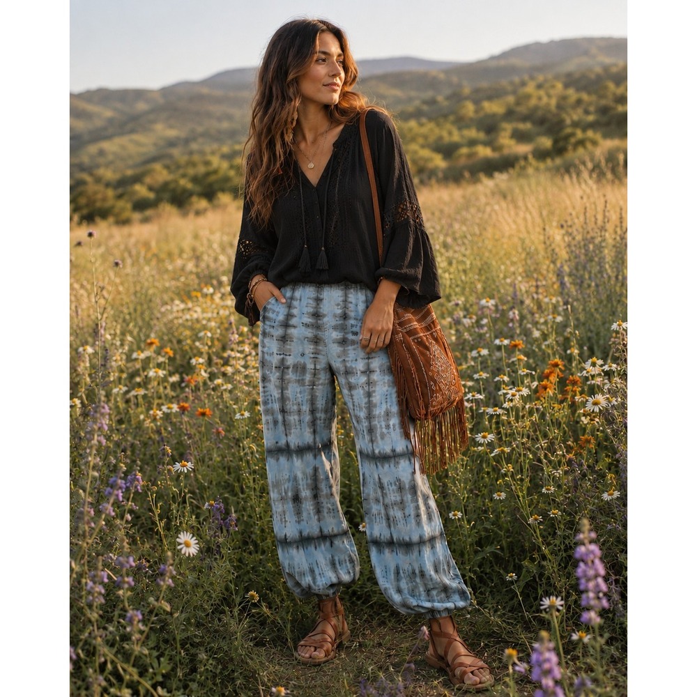 Bryn Walker Linen Blue Casbah Boho Cropped Pant w/ Pockets SZ Medium